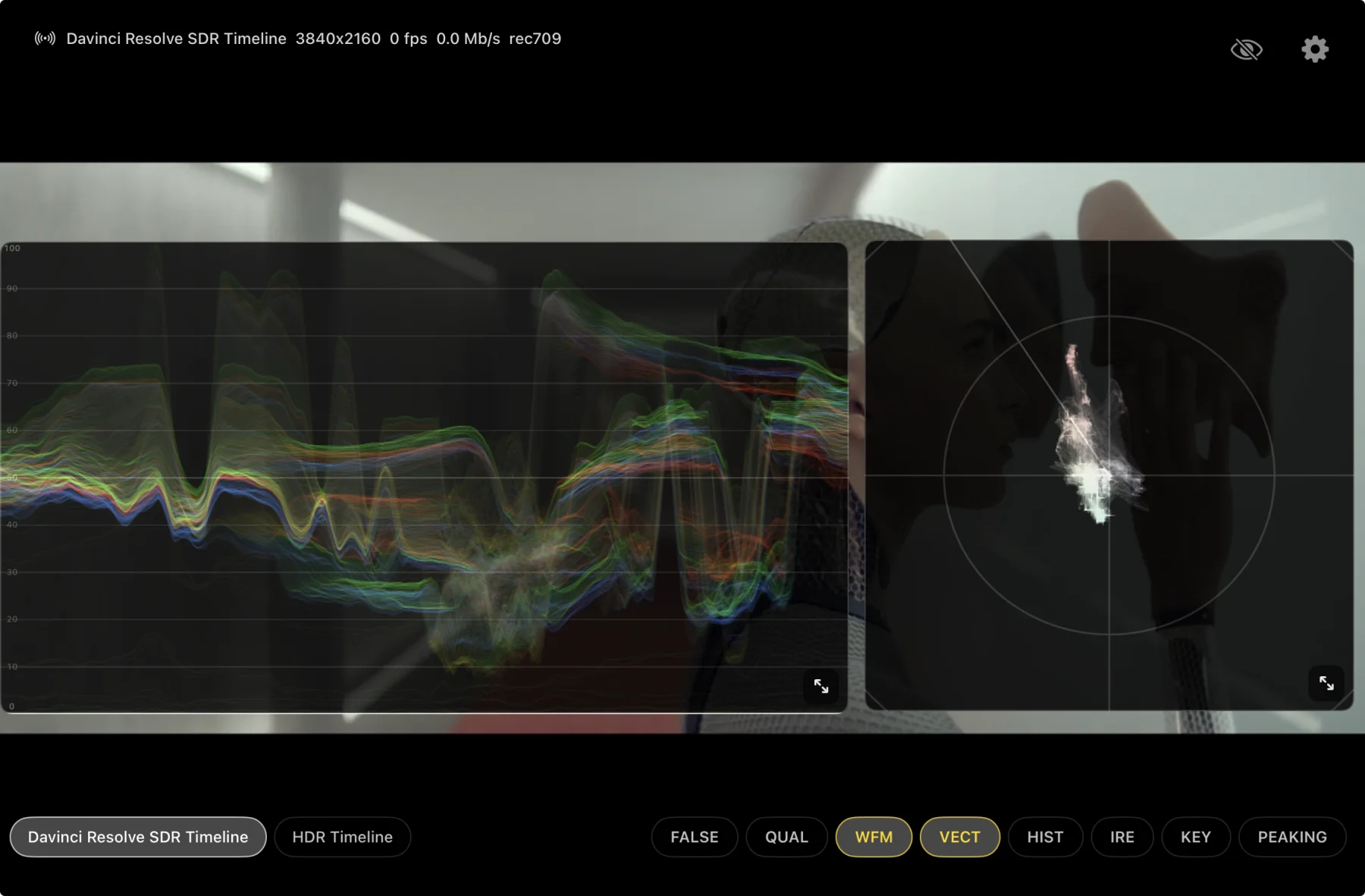 Parade showing a waveform and vectorscope together over a Resolve video feed